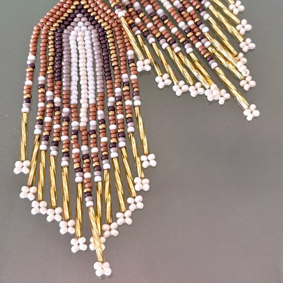 Hand Beaded Neutral Brown Earthy Colors Metallic Gold Tassel Dangle Earrings - Picture 5 of 6